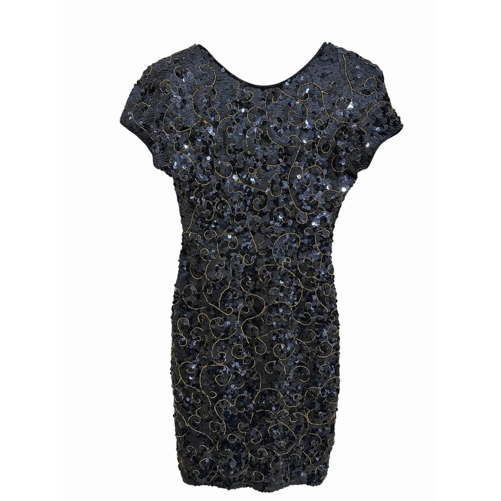 Vintage Carmen Marc Valvo Sequin Beaded Dress Black Bodycon 90’s Women’s XS